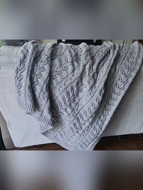 Shabby Chic Light Gray Openwork Cable Knit Throw Blanket